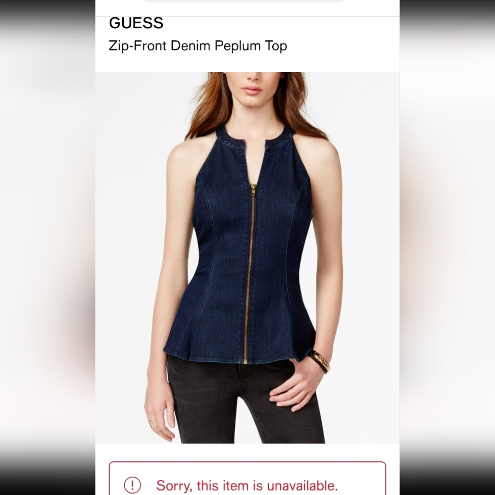 GUESS Dark Wash Zip-Front Denim Peplum Halter Top Small Like New